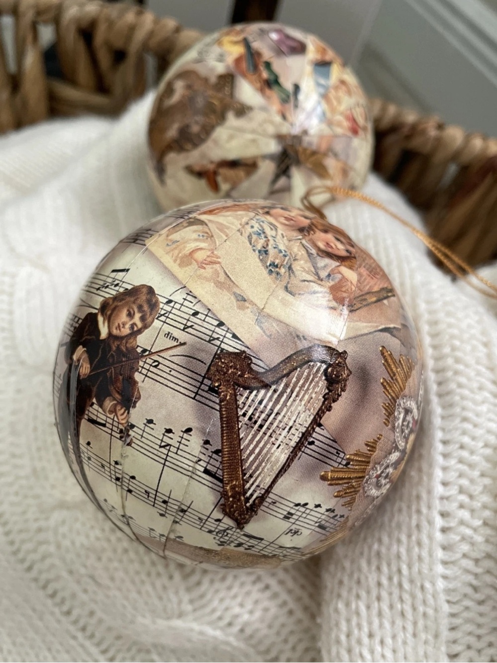 Victorian Style Musical Christmas Ornaments Set of 2 – 3” Decoupage Balls